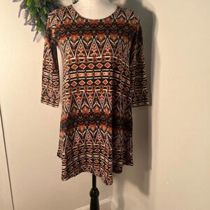 Abbeline Mini dress Folk art print design 3/4 length sleeves 17” L=32”, Chest 36